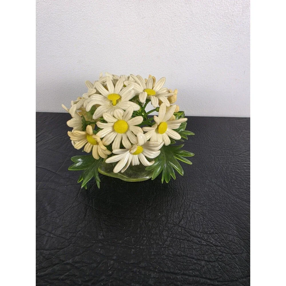 Vtg Acrylic Lucite Vase & Wire White Daisies With Yellow Center MCM 4”